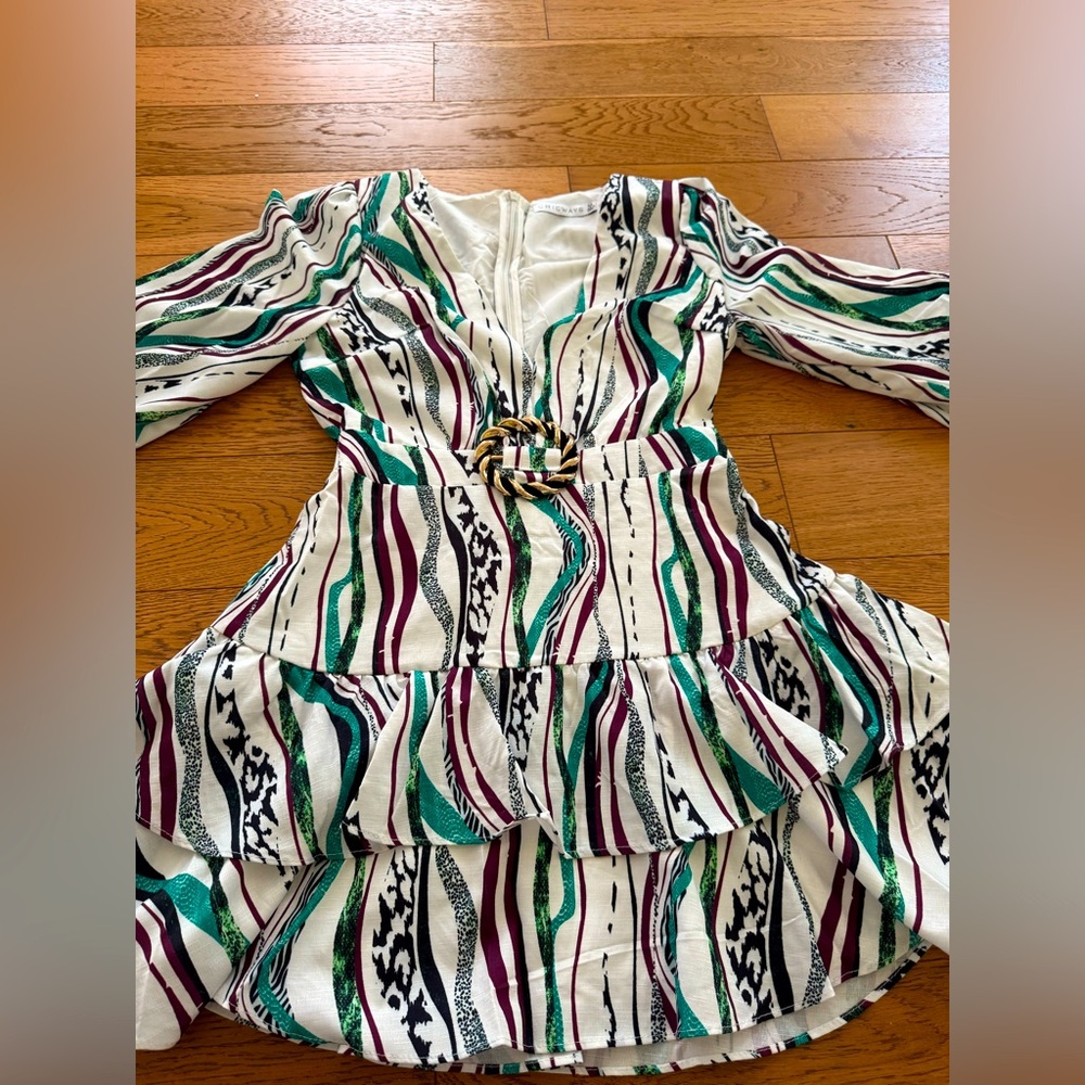 Chicways Striped funky with braided detail and faux buckle Long Sleeve Dress med